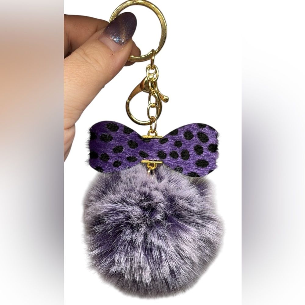 Elegant Purple Bow Keychain with Fur Pom-Pom